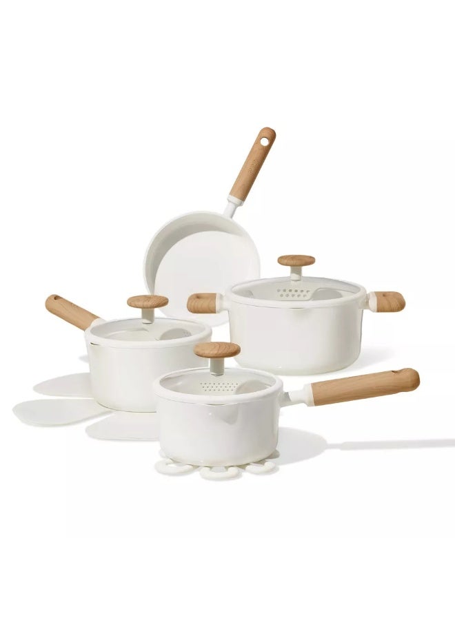 Carote 11-Piece Ceramic Nonstick Cookware Set, PFAS-Free Healthy Cooking Set, Dual-size Silicone Strainer Lids, Full-Spray Even-Heat Base, All Kitchen Stovetop Compatible, Dishwasher Safe (Cream) - Image 1